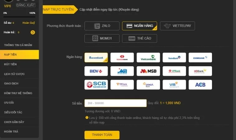 Các phương thức nạp tiền 888B